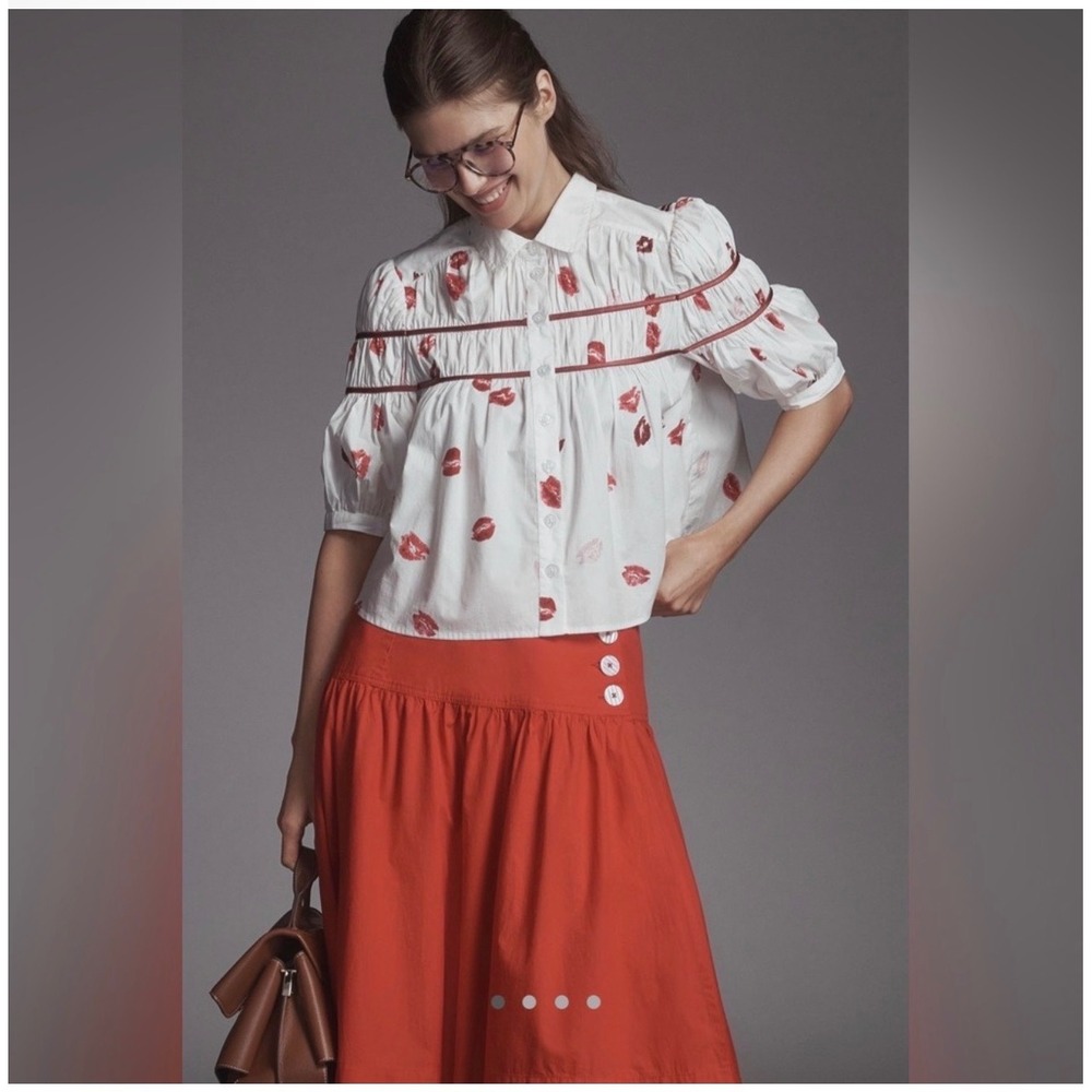 Maeve Anthropologie Leandra Shirred Yoke Blouse Lips Kiss Novelty Womens Small